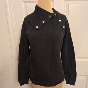 Charter Club Black Knit Button Detail cowl Turtleneck Sweater SZ M 100% cotton